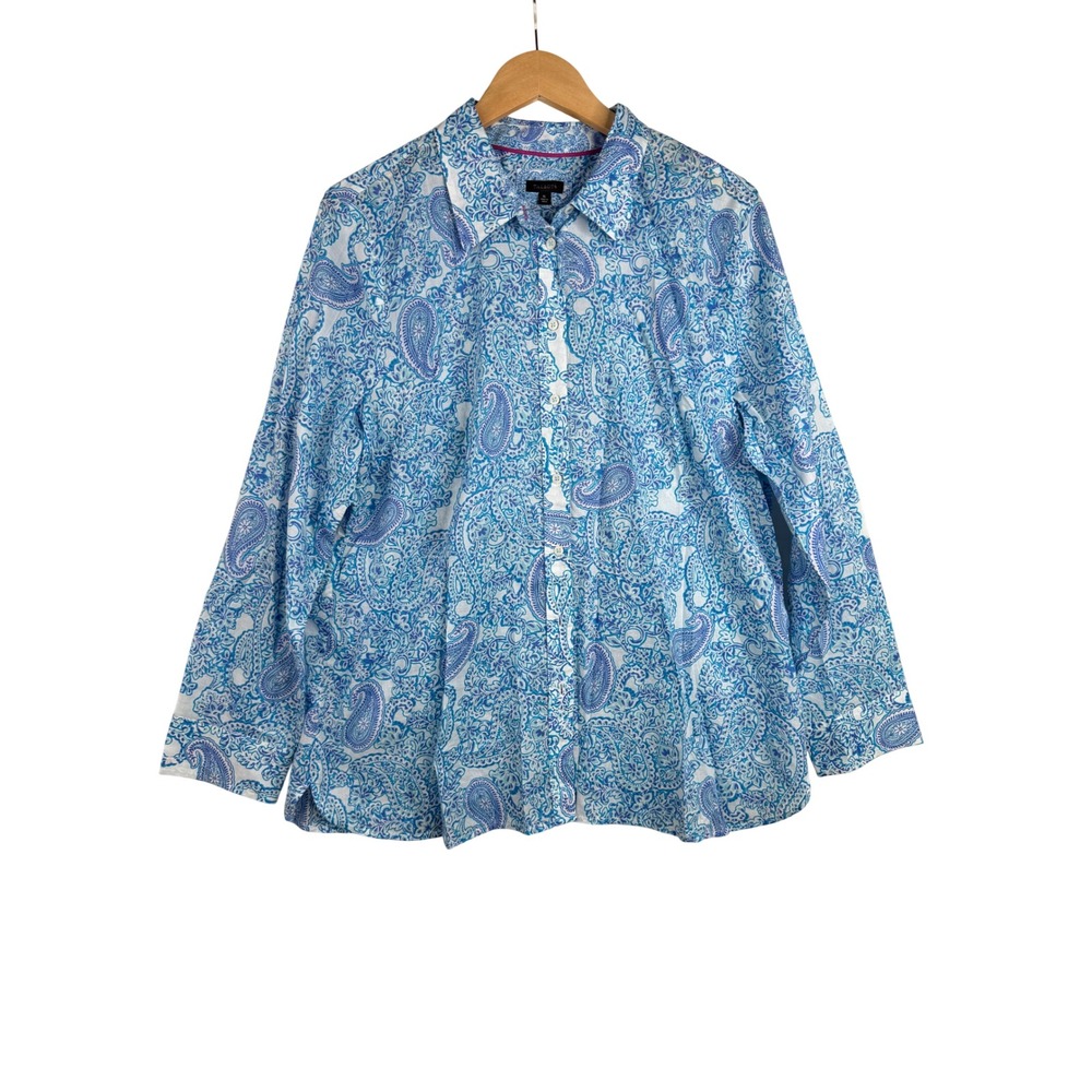 NWT Talbots Woman's Paisley Print Long Sleeve Button Down Shirt size XL Blue/Whi